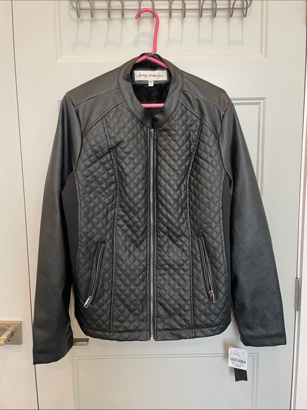 Womenโs Quilted Black Faux Leather Moto Jacket - XL - Sebby Collection